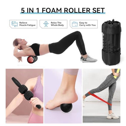 5 in 1 Foam Roller Set, High Density Fitness Exercise Foam Roller for Deep Tissue Muscle Massage, Massage Roller, Massage Ball, Resistance Band, for Whole Body(Black) - color: Black