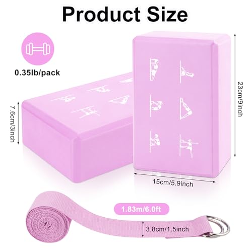 2 Yoga Block and 2 Yoga Strap Set,Non-slip EVA Foam Blocks, High Density Yoga Bricks with 6ft Strap, Supportive Latex-Free Yoga Block Accessories for Pilates