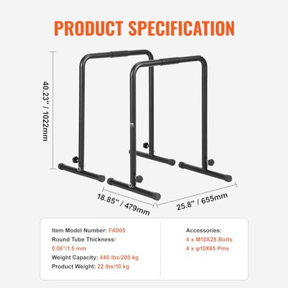 VEVOR Dip Bars, 440 lbs Capacity, Heave Duty Dip Stand Station with Adjustable Height, Fitness Workout Dip Bar Station Stabilizer Parallette Push Up Stand, Parallel Bars for Strength Training Home Gym