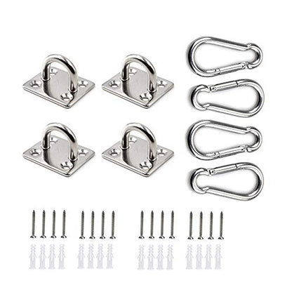 4Pcs M6 304 Stainless Steel Oblong Pad Eye Plate and 4Pcs Carabiner Clips, Marine Hardware Staple Hook Loop with 16 Screws and Plastic Plugs - size: M6 square pad 8