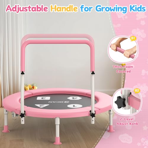 BCAN BT1 36'' Toddler Trampoline, ASTM Certified-Foldable Mini Trampolines for Kids Ages 1-6, Adjustable Handle, Safety Pad & Foldable Legs, Baby Trampoline Indoor/Garden, Gift for Boy and Girl - color: Pink