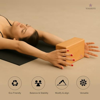 Yogikuti Bamboo Yoga Block | Premium Natural Wooden Support Block for Iyengar Yoga, Pilates & Stretching | Eco-Friendly, Non-Slip, Lightweight & Durable Yoga Prop for Balance, Flexibility & Alignment
