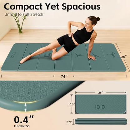 Extra Thick 10mm Foldable Yoga Mat, SGS Certified POE Non-Slip Mat, Multi-Purpose Exercise & Fitness Mats for Studio or Home - color: Deep Green-74"L x 26"W x 0.4"Th