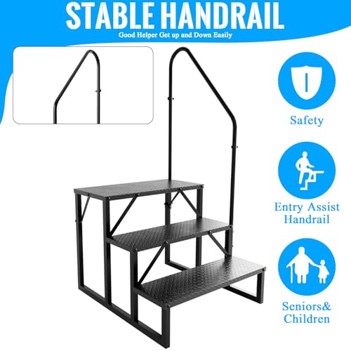 3 Step RV Stairs with Handrail, 660LBS Heavy Duty Anti-Slip Metal Steps, Detachable Outdoor Stairs for Hot Tub/5th Wheel/Pool/Mobile Home - style: 3 Step 1 Handrail