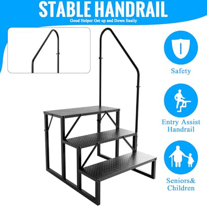 3 Step RV Stairs with Handrail, 660LBS Heavy Duty Anti-Slip Metal Steps, Detachable Outdoor Stairs for Hot Tub/5th Wheel/Pool/Mobile Home - style: 3 Step 1 Handrail