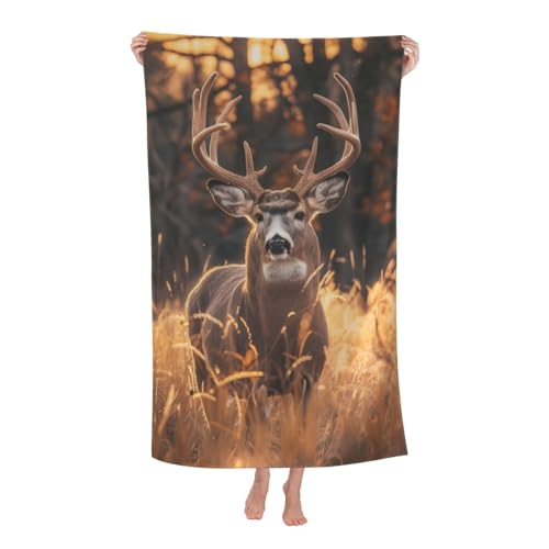 Autumn Deer Beach Towel,32x52in Microfiber Quick Dry Majestic Buck Fall Forest Golden Field Bath Towels,Soft Lightweight Oversized Sand Free,for Travel Pool Swimming Gym Decor,Gifts - color: Deer