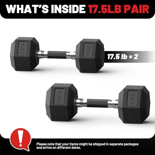 PAPABABE Hex Dumbbell Set with Rubber Grip 2.5-125lb, Odorless Rubber Coated Weight Fixed Dumbbells Set of 2/Single, Weights for Women at Home, Hand Weights for Home Gym & Strength Training,Pesas Para Ejercicios - size: 17.5 lb, Pair, style: Rubber Grip