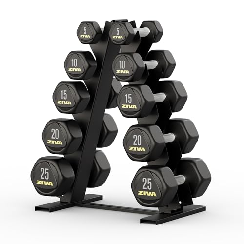 ZIVA Premium Hex Dumbbells – Commercial Grade Rubber Urethane Coated Free Weights for Strength Training, Weightlifting, Home Gym – Durable Steel Core – Sold in Pairs and Sets
