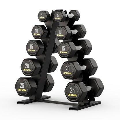 ZIVA Premium Hex Dumbbells – Commercial Grade Rubber Urethane Coated Free Weights for Strength Training, Weightlifting, Home Gym – Durable Steel Core – Sold in Pairs and Sets