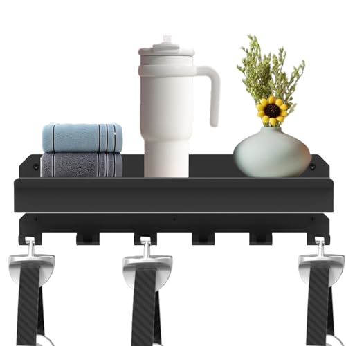 24 Inch Metal Floating Shelf Compatible with Tonal Accessories, Wall Mounted Home Gym Storage Organizer with T-Lock Adapters, 6 Pre-Installed Brackets & Hooks, Black Workout Equipment Holder(Black, 1)