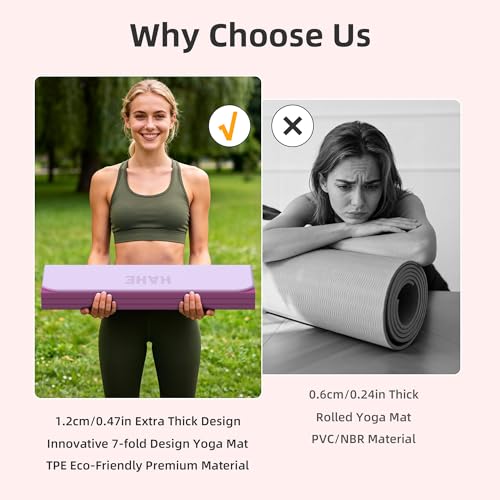 HAHE 7-Fold Design Extra Thick Yoga Mat 72"L x 24"W x 0.47",TPE Fitness Exercise Mats, Non-Slip Foldable Yoga Mat, High Density, Portable for Men & Women, Yoga, Pilates, Home Gym