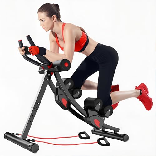 Dual Track Fitness Ab Machine Ab Cruncher, Adjustable Height Waist Trainer, Foldable Home Gym Equipment with 4 Adjustable Resistance Levels and Resistance Bands