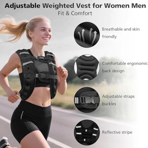 Weighted Vest 12lb with Reflective Stripe and Double Adjustable Buckle Straps Fitness Weight Vest for Workout Strength Training Running Weight Loss for Men Women