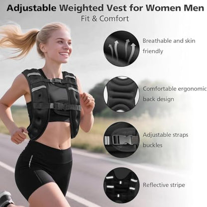 Weighted Vest 12lb with Reflective Stripe and Double Adjustable Buckle Straps Fitness Weight Vest for Workout Strength Training Running Weight Loss for Men Women