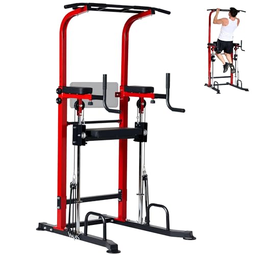 soges Power Tower Pull Up Bar Station, Height Adjustable Multi-Function Dip Station with Assisted Pad for Home Gym, 330Lbs Capacity Full Body Strength Training Workout Equipment for Beginners & Pros - color: Red