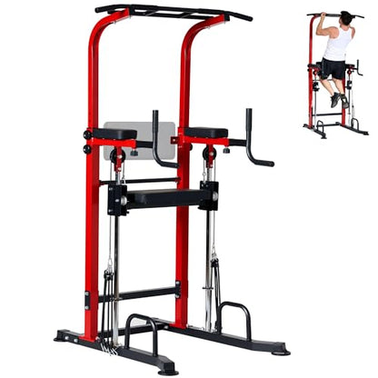 soges Power Tower Pull Up Bar Station, Height Adjustable Multi-Function Dip Station with Assisted Pad for Home Gym, 330Lbs Capacity Full Body Strength Training Workout Equipment for Beginners & Pros - color: Red