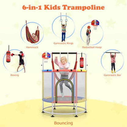 GYMAX 55" Trampoline for Kids, 440LBS 6 in 1 Toddler Rebounder with Swing, Basketball Hoop, Punching Bag, Rings & Bar, No-Gap Jumping Mat Mini Indoor Outdoor Trampoline - color: Red-Navy-Yellow