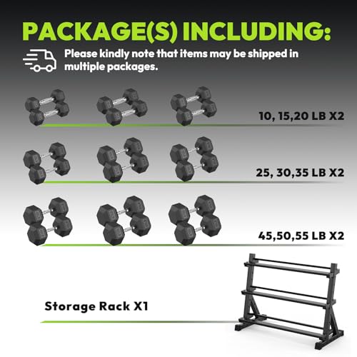 HANDBODE 3-Tier Dumbbell Rack Stand, 1000LB Capacity Storage Rack, Weight Rack for Dumbbells, Kettlebell, 390–700 lb Rubber Coated Fixed Weight Sets, Home Gym Strength Training Equipment - color: 570 lb Set (10-55 lb) *2 & Rack