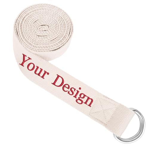 Muka Custom Yoga Stretch Strap, Embroidery & Heat Transfer Cotton Workout Belt with Adjustable D-Ring Buckle - color: Cream, size: 6ft