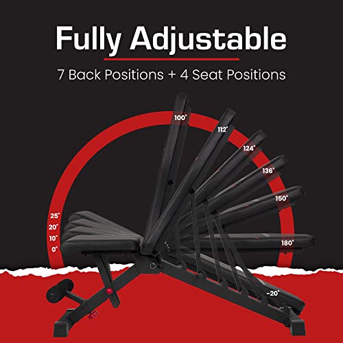 Adjustable Bench By Core Home Fitness, Foldable Weight Bench, Incline/Decline/Flat Bench, 7 Back Adjustments, Adjustable Seat, Black/Red (51MAB)