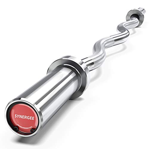 Synergee Commercial EZ Curl Olympic Bar Chrome & Black Phosphate with Powder Coated Brass Bushings Excellent for Bicep Curls and Triceps Extensions