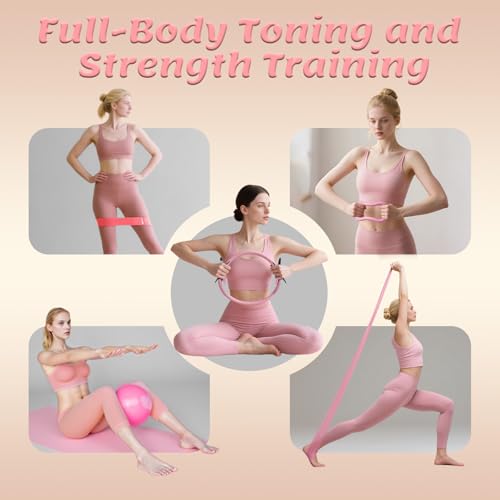 Pilates Equipment Kit for Women - Home Workout Set with Pilates Ring,9.8" Yoga Ball, 5 Resistance Bands, Magic Circle, for Legs, Arms, Thighs, Yoga Set for Beginners