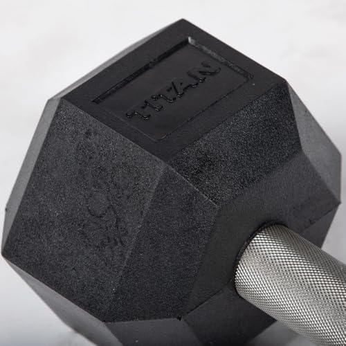 Titan Fitness 25 LB Pair Free Weights, Black Rubber Coated Hex Dumbbell, Straight Stainless Steel Handle, Strength Training, Full Body Workout