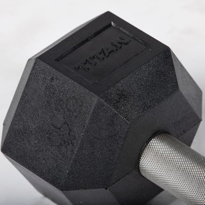 Titan Fitness 25 LB Pair Free Weights, Black Rubber Coated Hex Dumbbell, Straight Stainless Steel Handle, Strength Training, Full Body Workout
