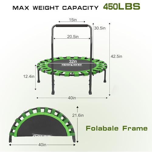 40/48" Fitness Trampoline for Adult, Max Load 450 LBS, Foldable Mini Trampoline with Durable Bungees,Small Rebounder Exercise Trampoline with Bar for Workout for Quiet & Safely Cushioned Bounce
