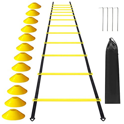 12 Rung Adjustable Training Ladder for Soccer Football Fitness Speed Training,with Marker Cones for Athletes,Green 19.7ft