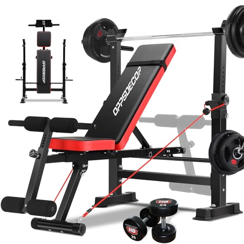 OPPSDECOR 600LBS 6 in 1 Weight Bench Set, Adjustable Bench Press Set and Squat Rack, Foldable Workout Benches for Home Gym, Incline Decline Flat Sit Up Strength Training Bench - color: Blackred