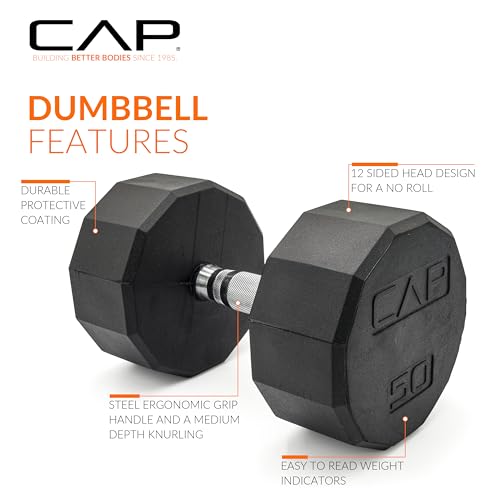CAP Rubber Coated Dumbbell Weights, Free Weights for Home Gym Strength Training, Anti-Roll Hex Dumbbells with Black, Chrome & Comfort Grip Handles, Singles - size: 50 lb, style: 12-Sided - Chrome Handle