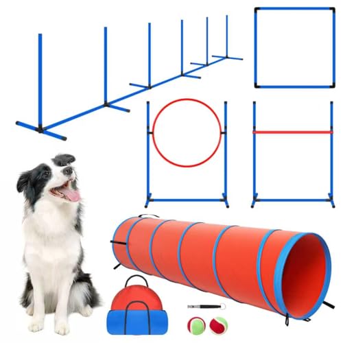 Dog Agility Equipment, Dog Agility Course Backyard Set Obstacle Course Backyard Includes Adjustable High Hurdle,6 Weave Poles,Extended Tunnel,Jump Ring,Square Pause Box,2 Balls,Whistle,2 Carrying Bags - size: 10 PCS Upgrade with tunnel