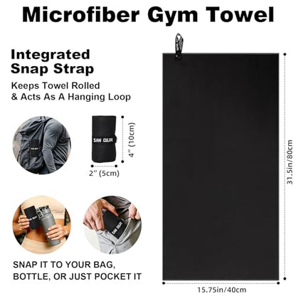 Microfiber Workout Towels - Quick Dry Silver ION Odor-Free, Highly Absorbing, Gym Towels for Men & Women - Sports Sweat Towel for Gym, Yoga, Working Out, Camping, Travel, Set of 8 Black–16x31.5Inch