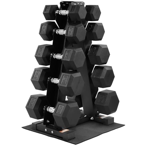 BalanceFrom Rubber Coated Hex Dumbbell Weight Set with Storage Rack, 100LB or 150LB or 200LB Set, 5-20 lbs or 5-25 lbs or 10-30 lbs Pairs - style: 200LB Set with Rack