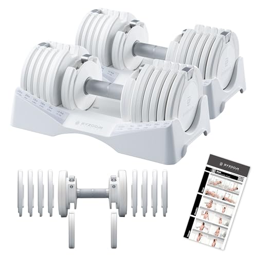 BYZOOM FITNESS Pure Series Adjustable Dumbbell - 12.5/25/27.5/50/55/75lb - ONE UNIT OR PAIR(check QTY before purchase) - 5-in-1/ 10-in-1 / 15-in-1 / 21-in-1 Flexible Hand Weights for Home Apartment Garage Gym, Strength Training & Fitness Workouts, White O
