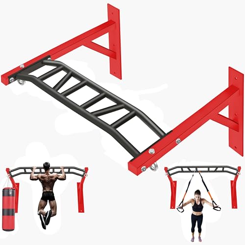 Upgrade Pull Up Bar Wall Mounted,Heavy Duty Multi Grip Chin Up Bar for Strength Training, 600 lbs Capacity, Durable Steel Construction, Perfect for Home and Garage Workouts - color: Red+Black
