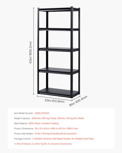 VEVOR Storage Shelves, 2000 lbs, 5 Tier Garage Storage Shelving, 16" D x 32" W x 63" H Adjustable Metal Shelves for Garage Shelves Utility Rack Shelf, Ideal for Kitchen, Warehouse, Basement, Black - size: 16" D x 32" W x 63" H