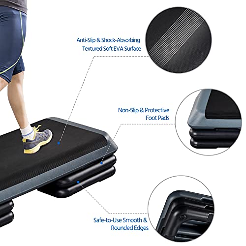 Yaheetech Aerobic Stepper, 4-6-8in Height-Adjustable Aerobic Exercise Step Platform Health Club Size w/Risers & Non-Slip Surface & Non-Marking Feet for Home Gym Workout & Training
