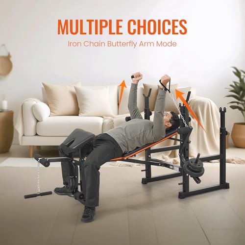 Weight Bench with Squat Rack, Adjustable Workout Bench with Preacher Curl Pad, Leg Extension & Curl, Safety Bar Catches, 600 lbs Capacity All-in-One Strength Training Bench for Home Gym