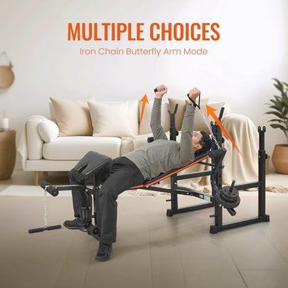 Weight Bench with Squat Rack, Adjustable Workout Bench with Preacher Curl Pad, Leg Extension & Curl, Safety Bar Catches, 600 lbs Capacity All-in-One Strength Training Bench for Home Gym