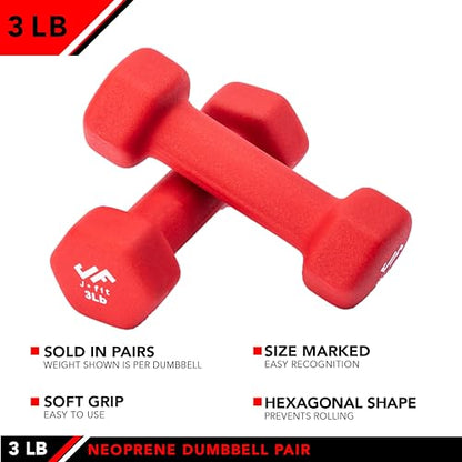 JFIT Dumbbell Pairs or Sets – Neoprene & Vinyl Coated Hand Weights for Home Gym, Strength Training, Aerobics, Cardio Exercise and Fitness - size: 3 lbs (Pair), style: Dumbbell Pair
