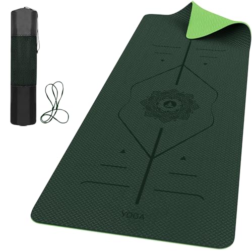 ROMIX Pro Yoga Mat Thick 6mm (1/4 inch), 72"L x 24"W Non-Slip Workout Mat with Alignment Lines, Large Yoga Mats for Women Men With Carry Bag, Exercise Mats for Home Workout Training Equipment - color: Lime