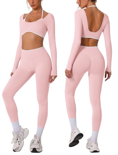 OMEWEE Workout sets for women Long Sleeve Adjustable halter strap Crop Top and Anti-squat Pants for gym,Yoga,Pilates - color: Pink, size: Medium