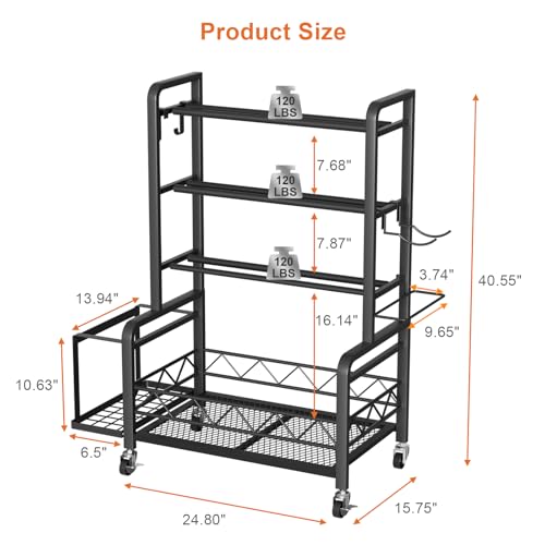 Dumbbell Rack, Adjustable Weight Rack for Home Gym, Metal Weight Stand for Dumbbells, Kettlebells, Yoga Gear, Multipurpose Workout Equipment Storage with 4 Wheels, Basket, Hooks, Black