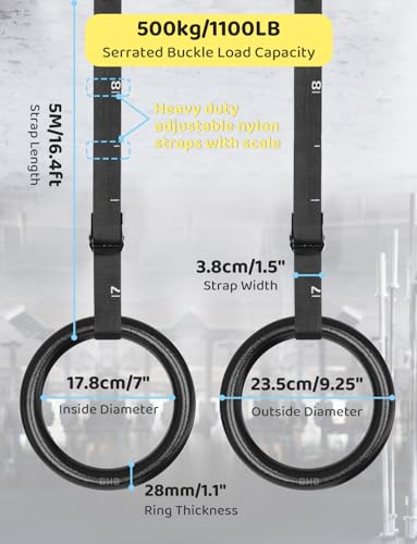 GHB Gymnastic Rings Gym Rings 1.1" Olympic Rings Adjustable Straps Pull Up Rings Sets for Workout Bodyweight Fitness Training