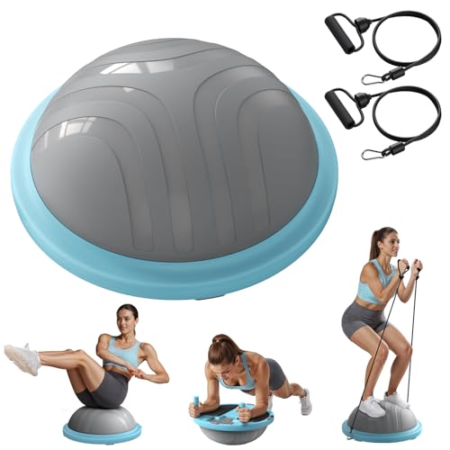 MERACH Balance Ball Trainer, 18 Inch Half Exercise Ball with Resistance Bands and Foot Pump, Half Yoga Ball for Core Strength Training, 450lb Capacity - color: Blue