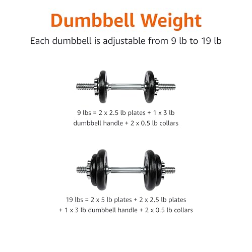 Amazon Basics Adjustable Dumbbell Hand Weight Set with Storage Case, Portable, Secure, 38 Pounds, Black