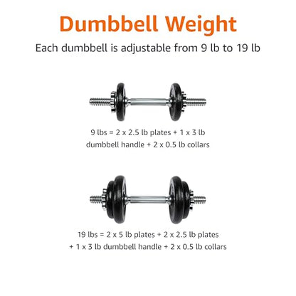 Amazon Basics Adjustable Dumbbell Hand Weight Set with Storage Case, Portable, Secure, 38 Pounds, Black
