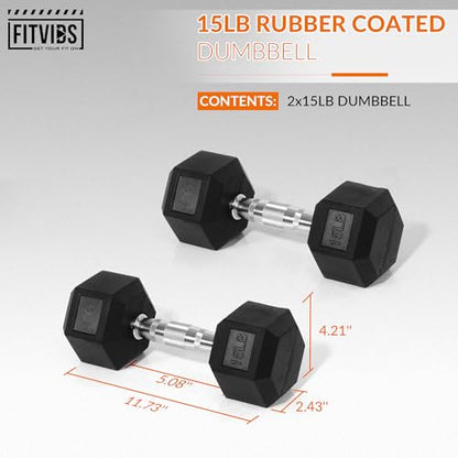 Fitvids Rubber Encased Hex Dumbbell Hand Weights with Anti-Slip Cast Iron Grip for Exercise & Fitness, 15LBS Pair